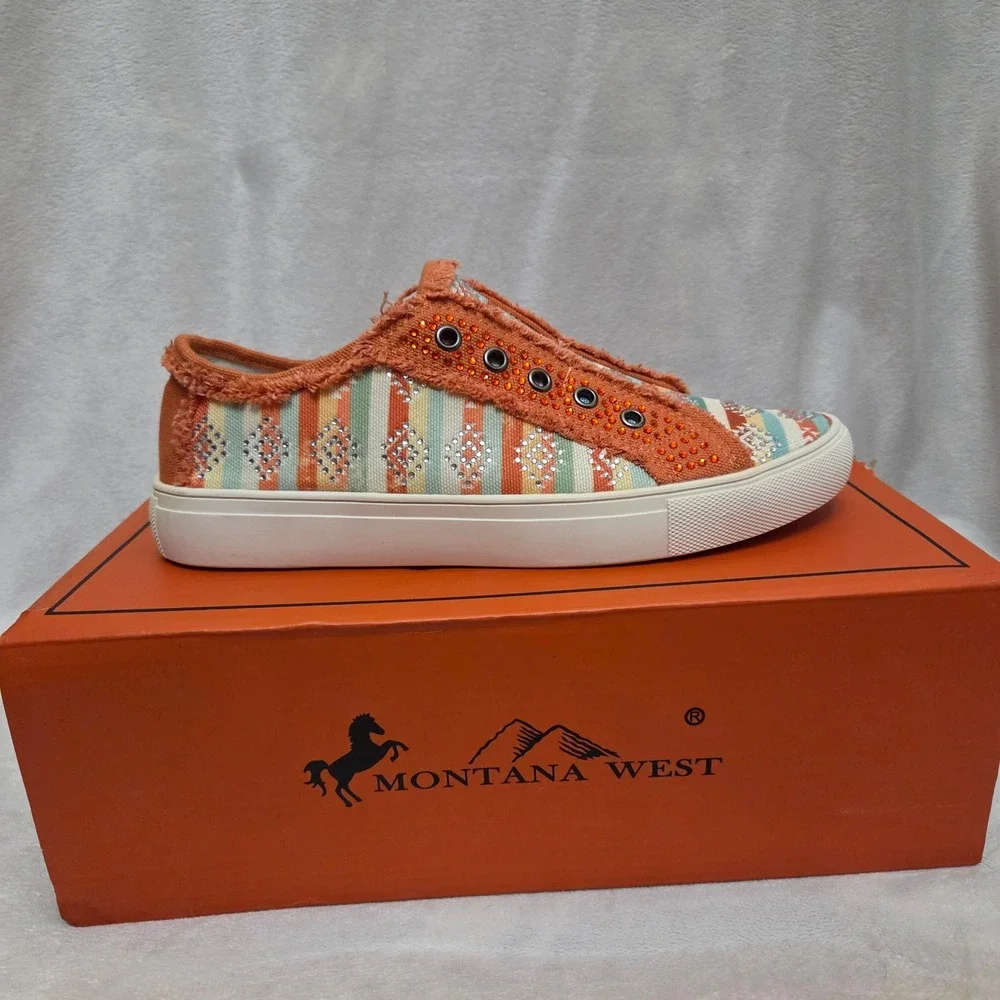 Montana West Orange Southwestern Rhinestone Slip On Sneakers 900-S048OR-7 Mens 7